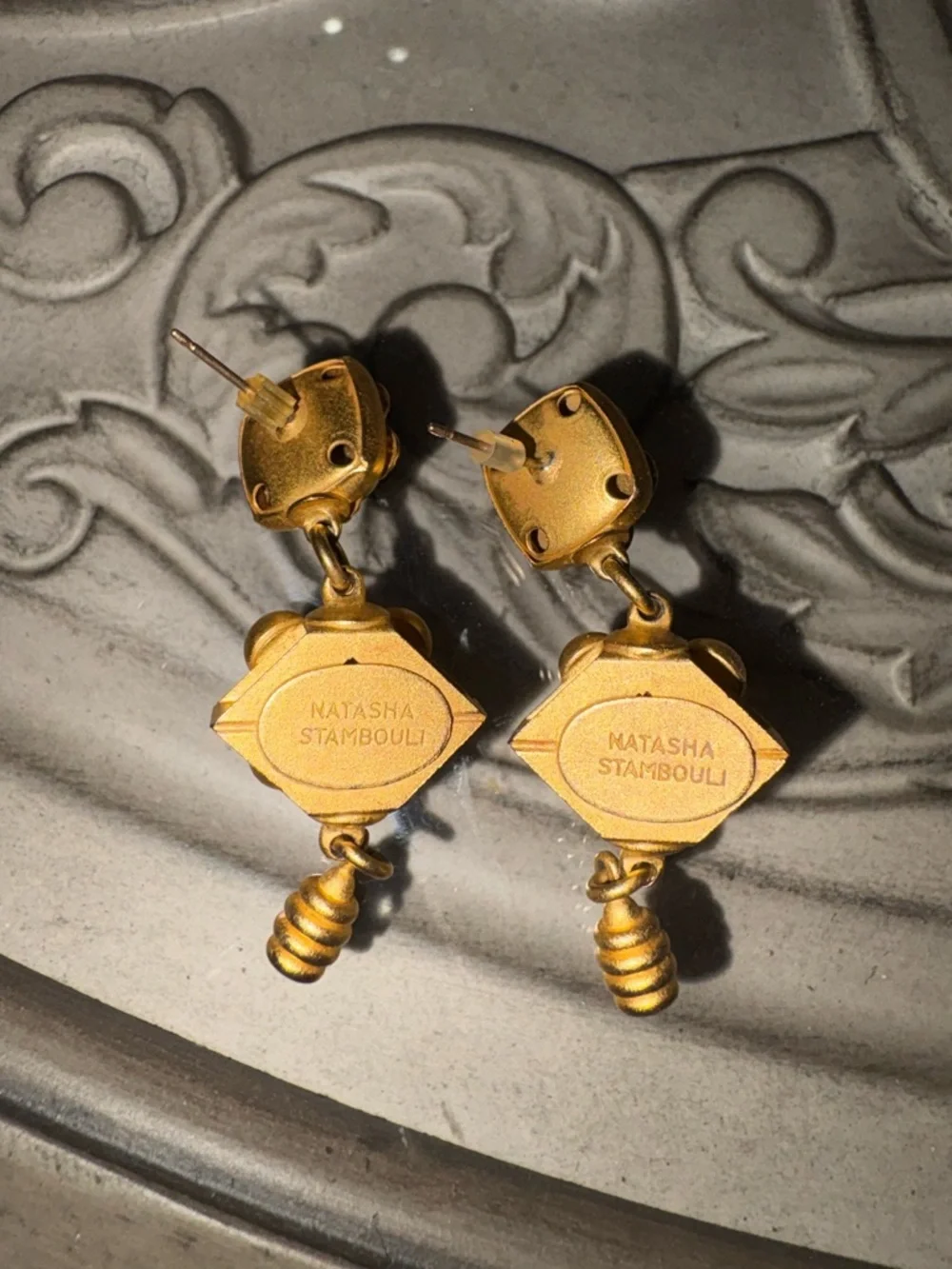 Vintage Natasha Stambouli Gold Tone Dangle Earrings with Stones - Picture 2 of 5